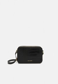 Fekete krokodilbőr mintázatú bőrválltáska cipzáras záródással, arany színű fém kiegészítőkkel és levehető pánttal. Dombornyomott márkajelzéssel.