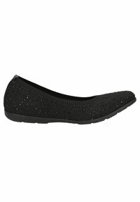 Ballerines en tricot noires avec un dessus texturé, ornées de petits rhinestones et d'une semelle en caoutchouc flexible.