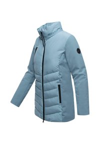 Light blue padded jacket with a high collar, featuring a front zipper, two zippered pockets, and a black logo on the sleeve.