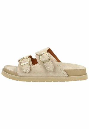 Sandalo beige in camoscio con due cinturini regolabili con fibbie dorate e suola imbottita.