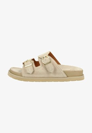Sandale beige en daim avec deux brides réglables à boucle dorée et une semelle rembourrée.