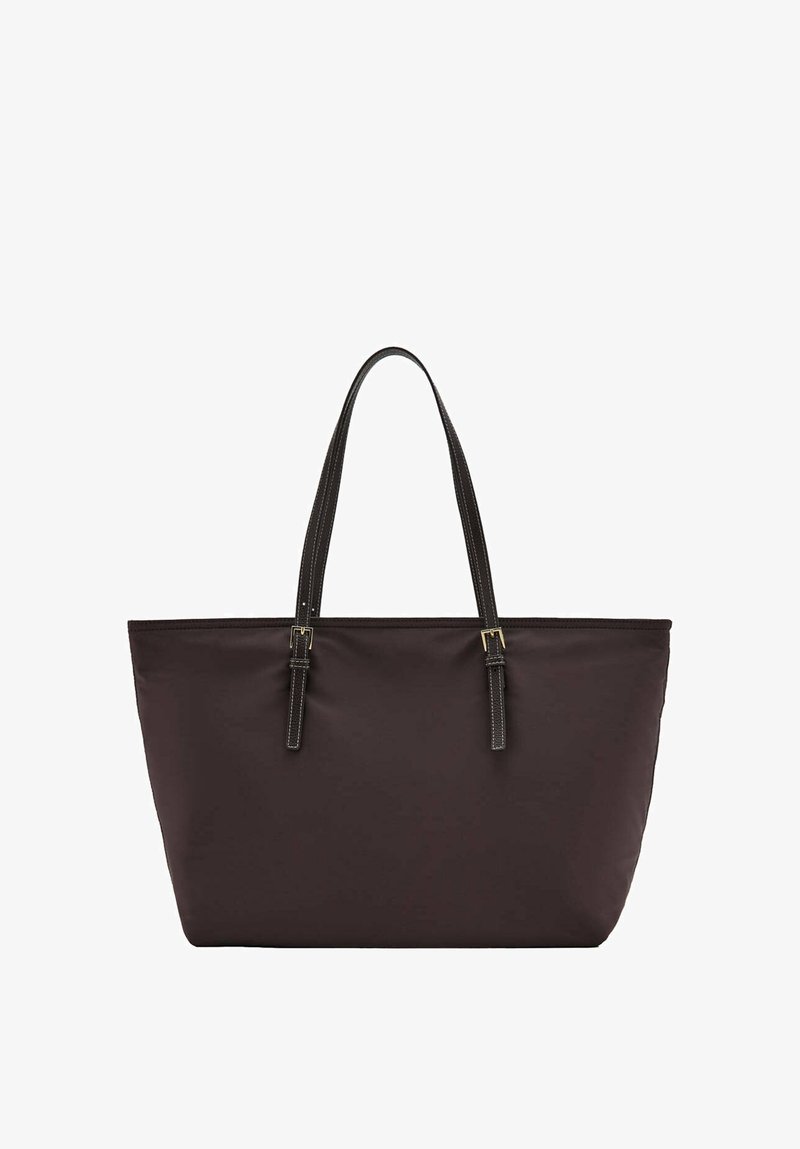 Sac fourre-tout noir avec deux longues poignées cousues et détails de boucle dorée sur fond blanc.
