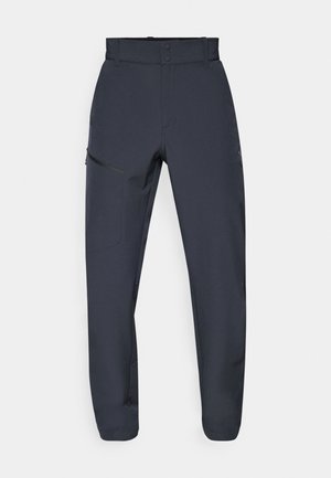 Dunkelblaue technische Hose aus synthetischem Material; verfügt über einen flachen Bund, zwei Fronttaschen und eine zusätzliche seitliche Reißverschlusstasche.