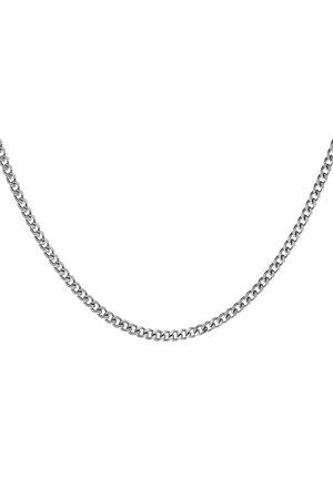 Silver metal chain necklace with interlocking links, featuring a smooth, polished surface and rounded edges, creating a uniform design.