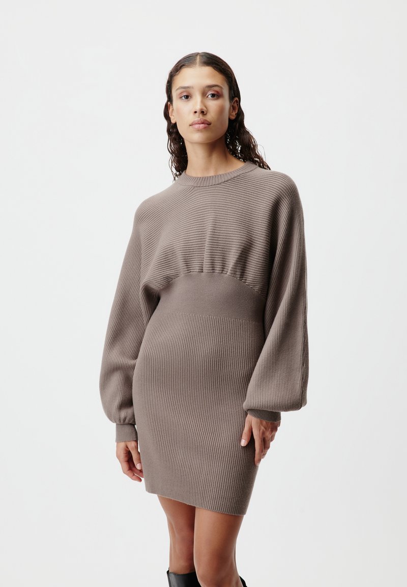 Abito a maglia a costine in taupe con scollo rotondo, maniche lunghe a sbuffo e vita aderente, caratterizzato da una texture liscia e da una silhouette affusolata.