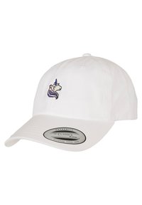 Biely baseballový klobúk z bavlny s zakriveným krempou, s farebnou vyšívanou potlačou jednorožca na prednej strane.