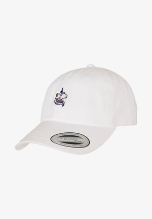 Fehér, pamut baseball sapka ívelt karimával, elöl színes, hímzett egyszarvú mintával.
