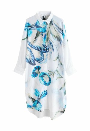 White shirt dress with a floral print in shades of blue and green. Features a collar, button front, and long sleeves with cuffs.