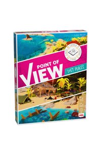 Pudełko gry planszowej zatytułowane "Perspektywa Utraconych Miejsc", przedstawiające sceny z tropikalnej wyspy z czaszką, obozem i wrakiem statku.