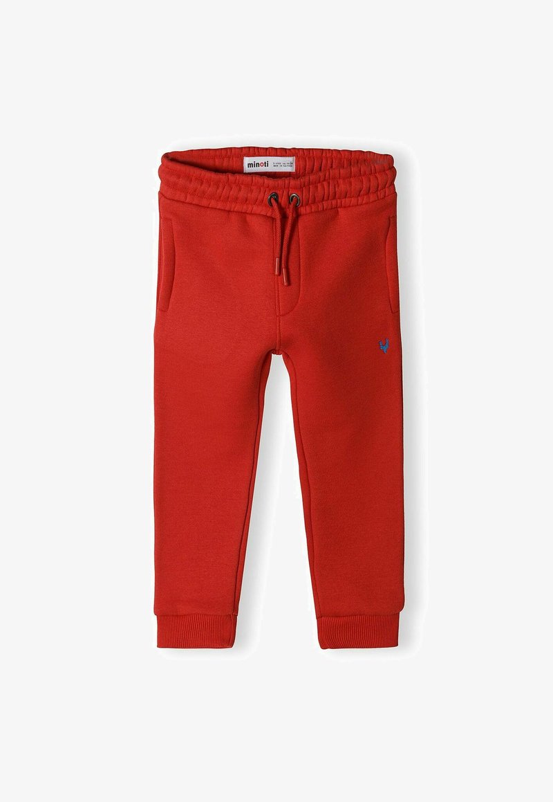 Sarkani sporta bikses, izgatavotas no kokvilnas auduma. Tām ir elastīga josta ar auklu, sānu kabatas un zila logotipa detaļa priekšā.