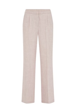 Pantalon droit rose clair à taille haute, avec des plis à l'avant et une finition en tissu texturé.