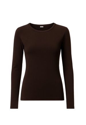 Maglietta marrone a maniche lunghe con scollo rotondo, realizzata in tessuto morbido. Design semplice con forma aderente e senza decorazioni.