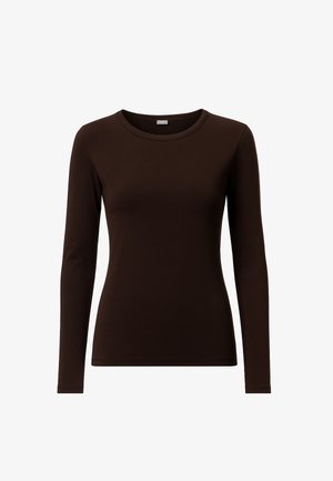 Maglietta marrone a maniche lunghe con scollo rotondo, realizzata in tessuto morbido. Design semplice con forma aderente e senza decorazioni.