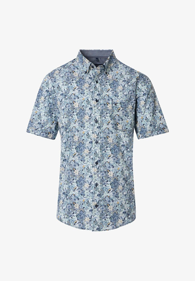 Short-sleeve button-up shirt with blue, white, and beige floral pattern and a front chest pocket.