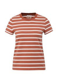 Kurzarm-T-Shirt mit horizontalen weißen und rost-orangefarbene Streifen sowie einem rost-orangefarbenen runden Ausschnitt, auf einem weißen Hintergrund präsentiert.