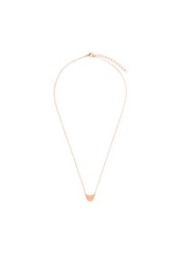 Collana in oro rosa con una catena delicata e un piccolo ciondolo a forma di cuore caratterizzato da linee testurizzate. Lunghezza regolabile con chiusura a moschettone.