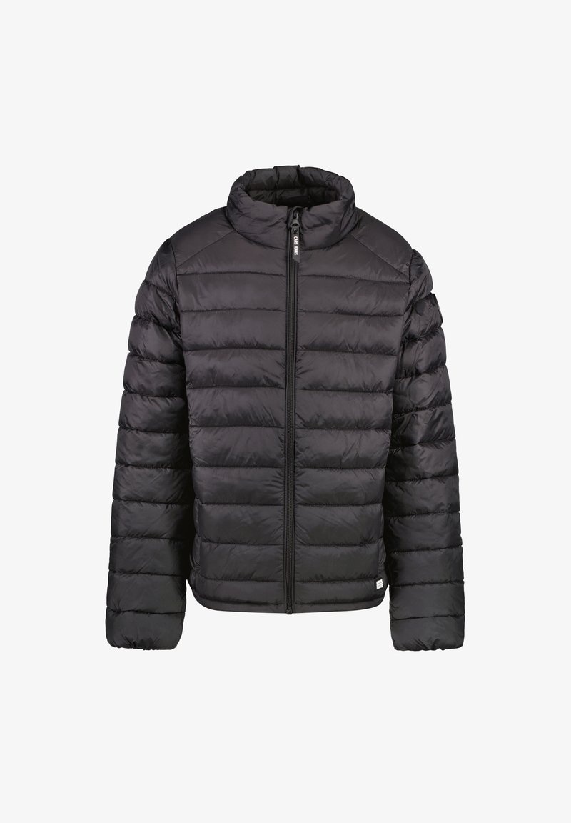 Black padded jacket with a high collar and front zipper; features horizontal quilted patterns; made of lightweight, water-resistant material.