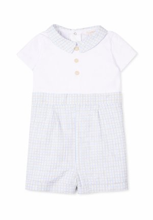Biały ubranko niemowlęce z niebieskim kołnierzykiem w kratkę, trzema guzikami z przodu oraz pasującymi krótkimi spodenkami w niebieską kratkę.