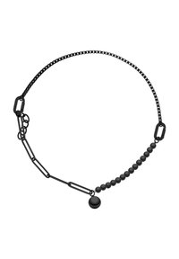 Collier noir avec un mélange de perles sphériques lisses et de maillons plats, présentant un accent central rond. Design et texture épurés et minimalistes.