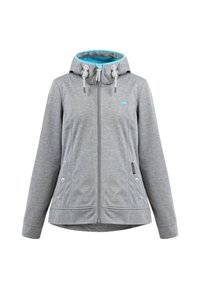 Grå zip-jacka med huva, med blå detaljer, dragsko, sidfickor och en paraplylogotyp på bröstet. Mjuk, strukturerad material.