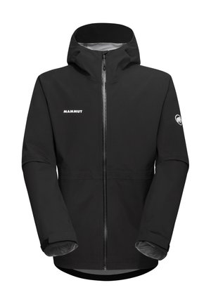 Veste noire imperméable avec fermeture éclair à l'avant, capuche réglable et poignets élastiques. Présente une doublure intérieure grise et un logo sur la poitrine.