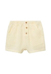 Shorts rayés jaunes en tissu doux, dotés d'une taille élastique et de trois boutons en bois à l'avant, avec des poches latérales.