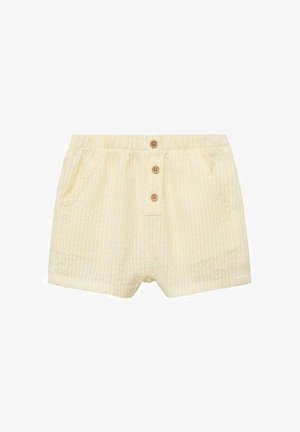 Shorts rayés jaunes en tissu doux, dotés d'une taille élastique et de trois boutons en bois à l'avant, avec des poches latérales.