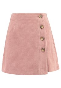 Gonna in corduroy rosa con forma svasata, caratterizzata da quattro bottoni marroni sul davanti, strisce verticali testurizzate e tasche laterali.