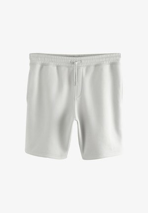 Pantalones cortos deportivos grises claros fabricados en una suave mezcla de algodón, con una cinturilla elástica con cordón, dos bolsillos laterales y costuras limpias.