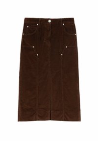 Smeđi kord sudski suknja s ravnim krojem, srednje duljine, s dva prednja džepa, zatvaranjem na gumbi i suptilnim vertikalnim šavovima.