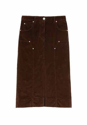 Gonna in corduroy marrone con taglio diritto, di media lunghezza, dotata di due tasche frontali, chiusura con bottone e leggere cuciture verticali.