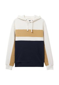 Felpa con cappuccio e tasca frontale; presenta righe orizzontali in crema, beige e blu navy. Misura in cotone morbido, vestibilità rilassata, cordino regolabile.