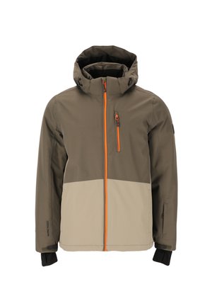 Isolerad jacka i olivgrön och beige, med ett orange blixtlås, justerbar huva och två fickor med blixtlås. Mjukt skalmaterial.