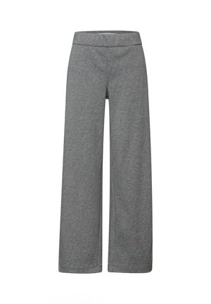 Pantalones de pierna ancha en gris, confeccionados con tela suave y elástica. Cuentan con una cintura elástica y una textura lisa para mayor comodidad. Diseño básico y versátil.