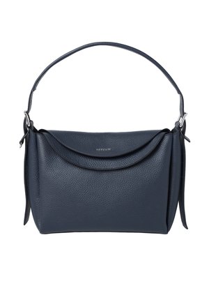 Navy blue textured leather shoulder bag with flap closure and silver buckle details on strap ends, rectangular shape.