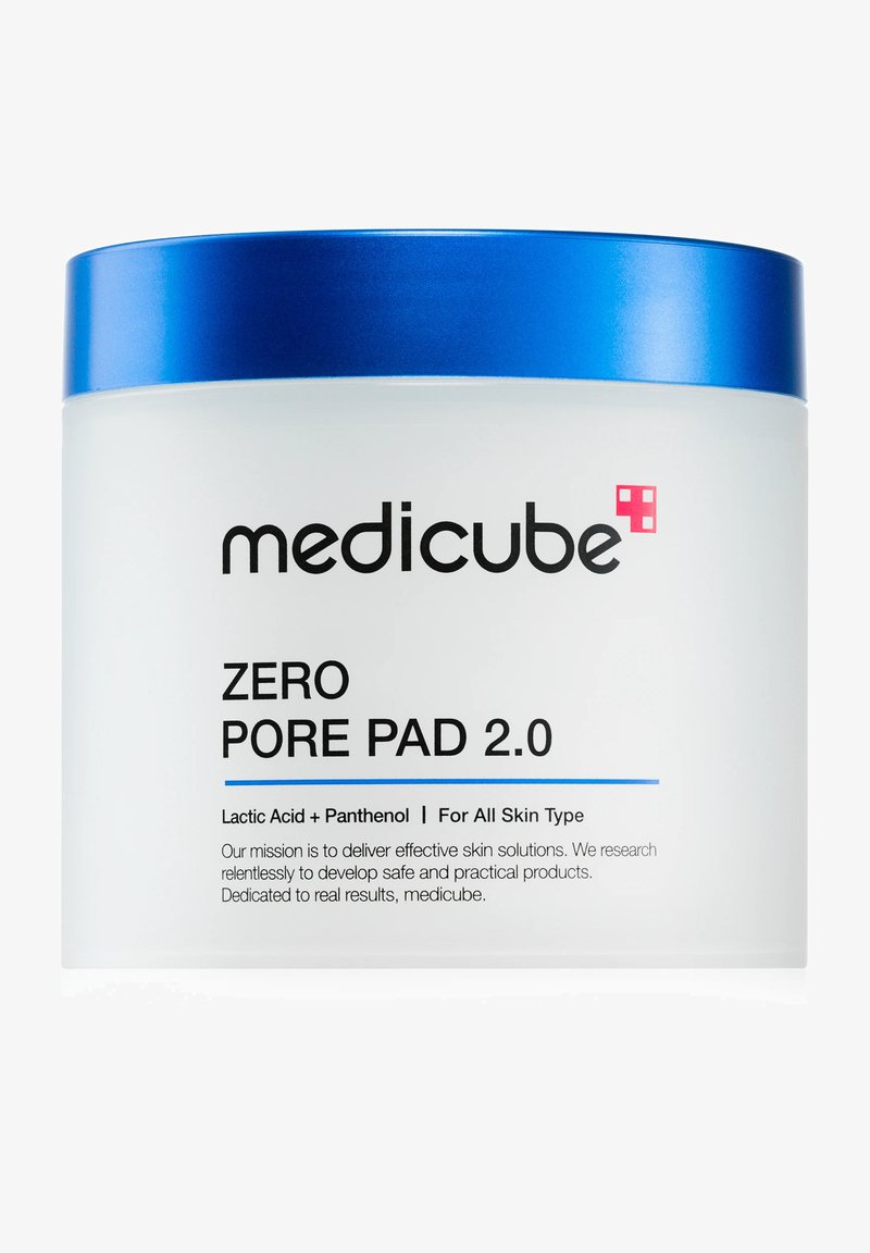 Medicube Zero Pore Pad 2.0 skincare container with blue lid, highlighting lactic acid, panthenol, and suitability for all skin types.