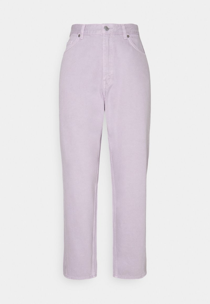 Pantalon taille haute à jambe droite couleur lavande avec fermeture devant à boutons et zip, passants pour ceinture et poches latérales.