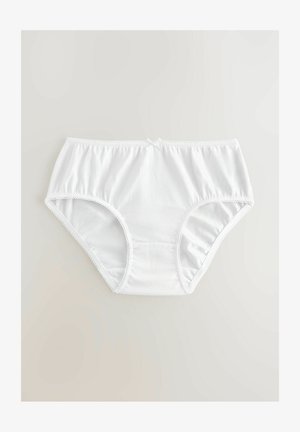 Weiße Baumwoll-Hipster-Slips mit elastischem Bund, Spitzenrand und einem kleinen Schleifchen vorne. Glatte Textur und Design mit voller Abdeckung.