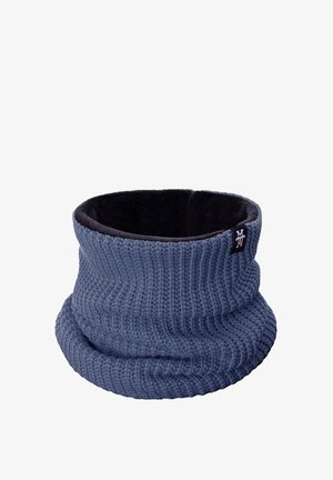 Gestrickter Halswärmer in Dunkelblau mit einem strukturierten Rippmuster. Weiches schwarzes Fleece-Futter und ein kleines Markenetikett an der Seite.