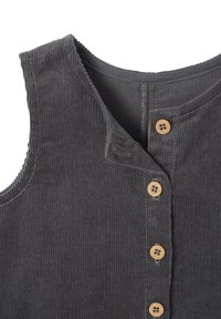 Gray corduroy vest with a rounded neckline, featuring four wooden buttons and a textured, ribbed surface.