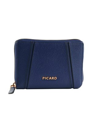 Portefeuille compact en cuir texturé bleu marine avec logo "PICARD" doré, fermeture éclair et détails de surpiqûres inclinées à l'avant.