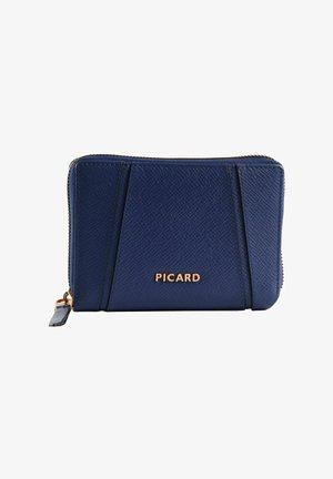 Portefeuille compact en cuir texturé bleu marine avec logo "PICARD" doré, fermeture éclair et détails de surpiqûres inclinées à l'avant.