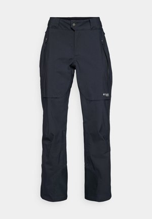 Sorte vanntette bukser med strømlinjeformet design, solid stoff, glidelåslommer og forsterkede underben for holdbarhet.