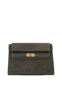 Olive green suede clutch bag with a metallic gold clasp, featuring a fold-over flap and a horizontal strap detailing. Compact rectangular shape.