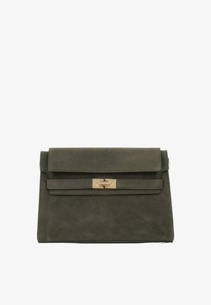 Olive green suede clutch bag with a metallic gold clasp, featuring a fold-over flap and a horizontal strap detailing. Compact rectangular shape.