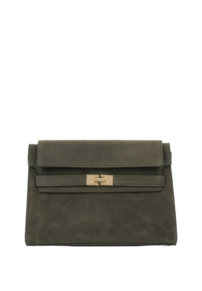 Olive green suede clutch bag with a metallic gold clasp, featuring a fold-over flap and a horizontal strap detailing. Compact rectangular shape.