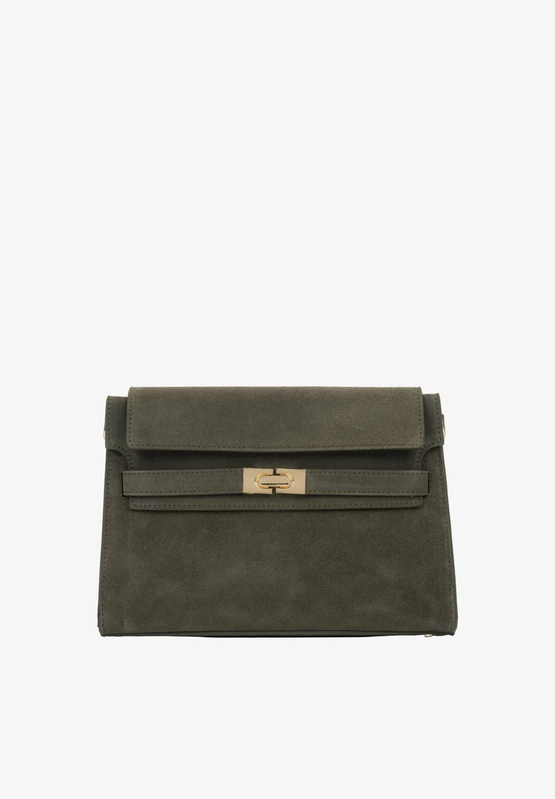 Olive green suede clutch bag with a metallic gold clasp, featuring a fold-over flap and a horizontal strap detailing. Compact rectangular shape.