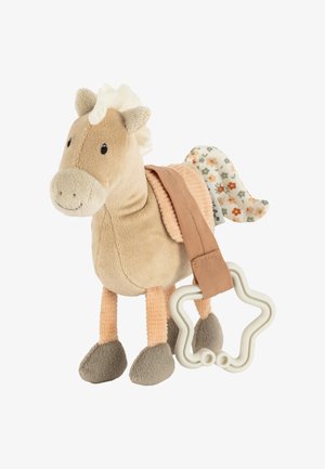 Weicher Plüschpferd-Spielzeug in Beige mit einer pastellfarbenen Mähne. Verfügt über einen Stoffsattel, einen blumenmusternden Schwanz und einen sternförmigen Beißring.