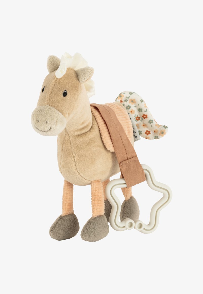 Weicher Plüschpferd-Spielzeug in Beige mit einer pastellfarbenen Mähne. Verfügt über einen Stoffsattel, einen blumenmusternden Schwanz und einen sternförmigen Beißring.