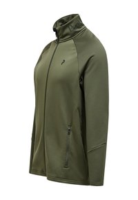 Giacca sportiva verde oliva con colletto alto, chiusura con zip e logo sul colletto. Caratterizzata da un tessuto liscio e una tasca laterale con zip.